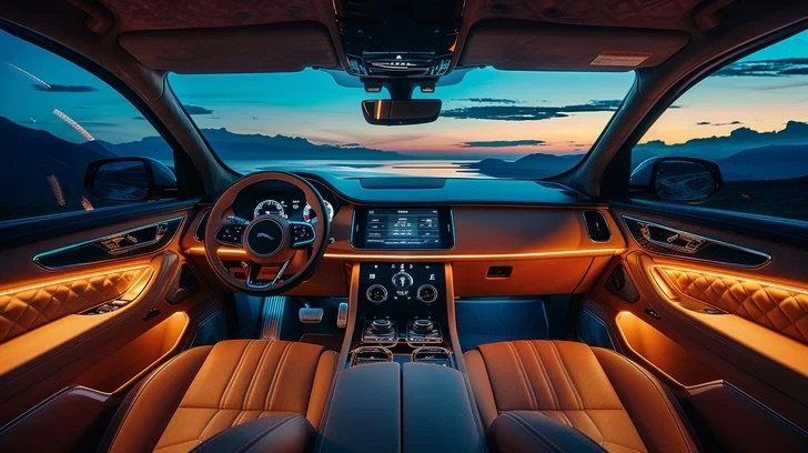 Luxury SUV interior with leather seats at dusk