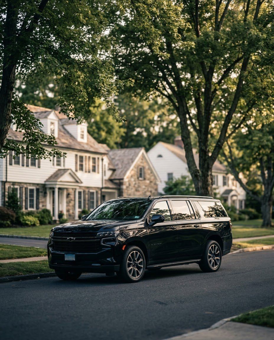 Black SUV outside a family home on a leafy street